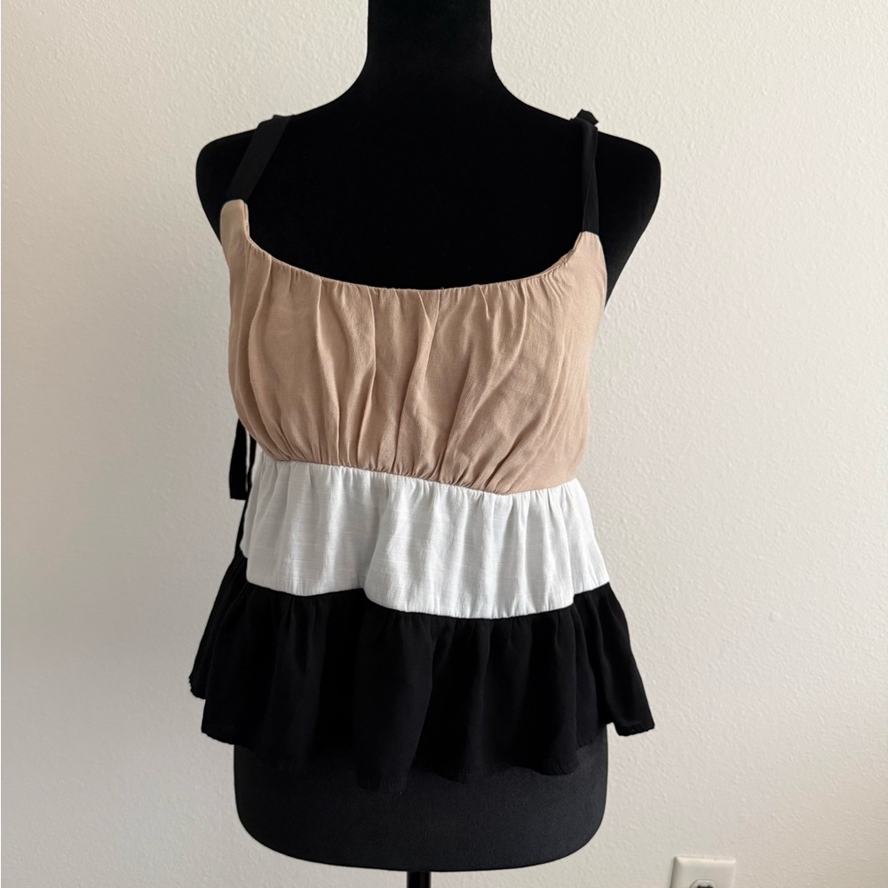 Tiered Ruffle Spaghetti Strap Tank Top - Beige/White/Black